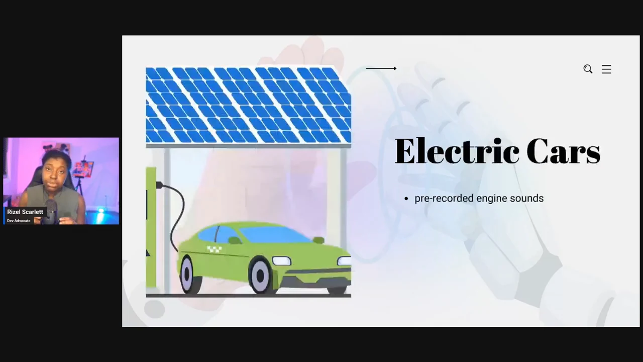 An “Electric Cars” slide lists “pre-recorded engine sounds” beside an illustration of a green car at a charging station under solar panels.