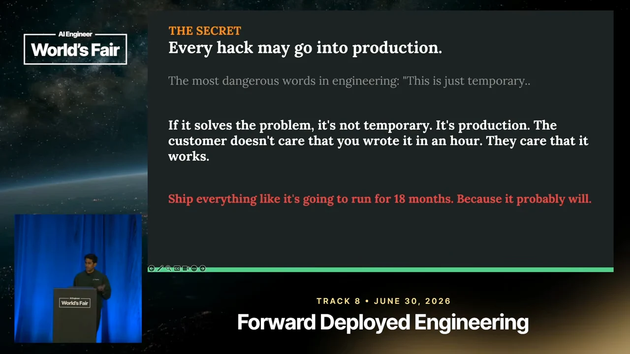 Dark slide titled “Every hack may go into production,” warning against temporary fixes and highlighting an 18-month shipping mindset in red.