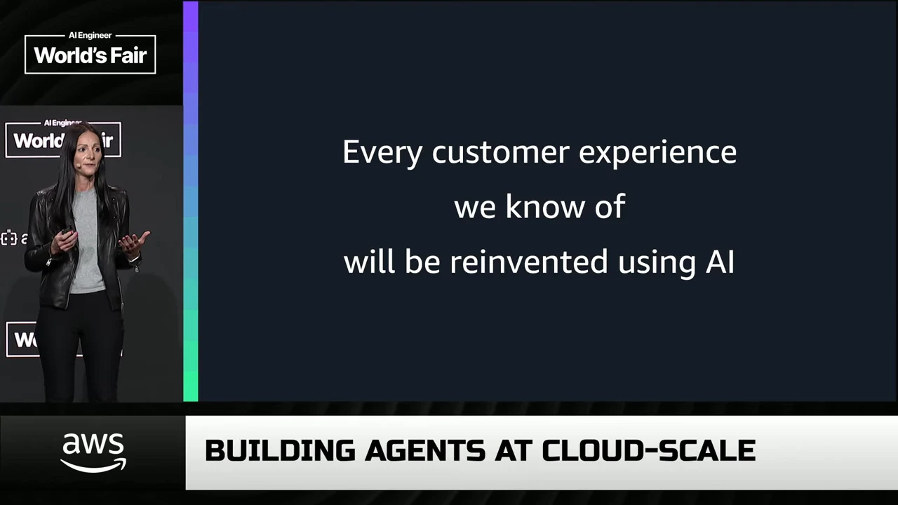 Presenter beside a slide stating, “Every customer experience we know of will be reinvented using AI.”