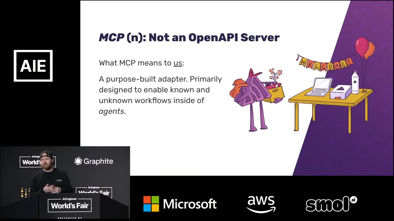 Slide titled “MCP (n): Not an OpenAPI Server” defines MCP as a purpose-built adapter for known and unknown workflows inside agents, beside a welcome-desk illustration.