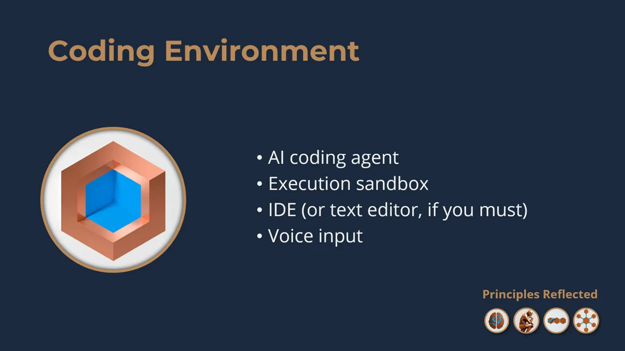 Coding Environment slide listing AI coding agent, execution sandbox, IDE or text editor, and voice input beside a geometric cube illustration.