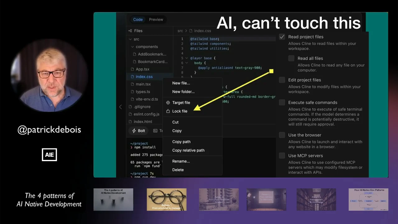 Slide titled “AI, can’t touch this” showing a yellow arrow pointing to “Lock file” in an editor menu beside a checklist of agent permissions.