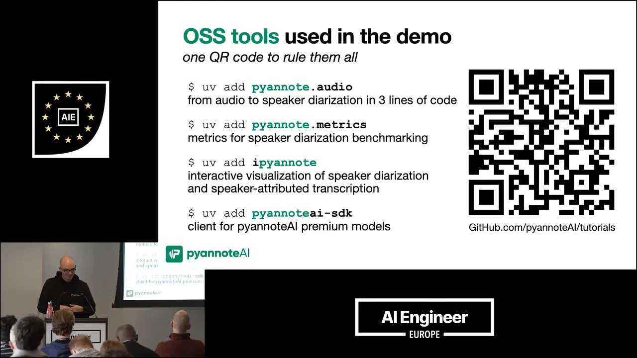 Slide listing pyannote.audio, pyannote.metrics, ipyannote, and pyannoteai-sdk beside a QR code labeled GitHub.com/pyannoteAI/tutorials.