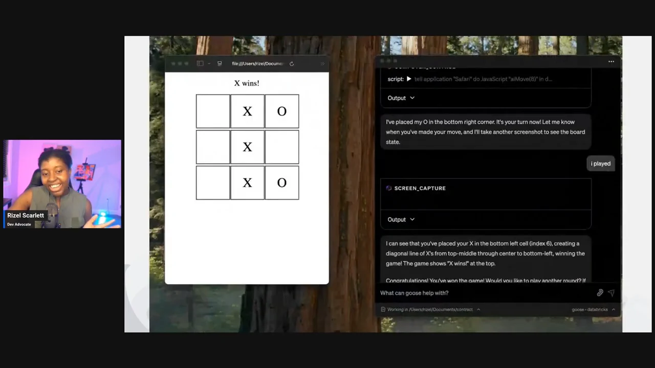 A tic-tac-toe board displays “X wins!” with three X marks down the middle column, beside the Goose conversation and screen-capture output.