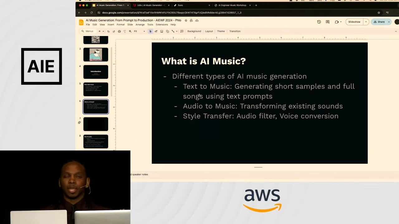 Slide titled “What is AI Music?” listing text-based generation, transformation of existing sounds, and audio filtering or voice conversion.