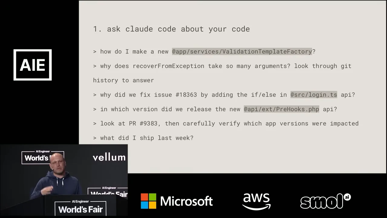 Slide titled “1. ask claude code about your code” lists six questions about code, Git history, fixes, releases, pull requests, and last week’s work.