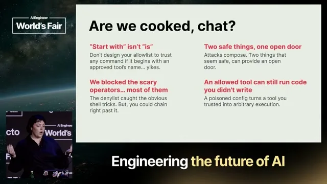 Selected presentation frame from We let an AI agent execute Bash and lived to talk about it — Sarah Sanders, PostHog at 499 seconds