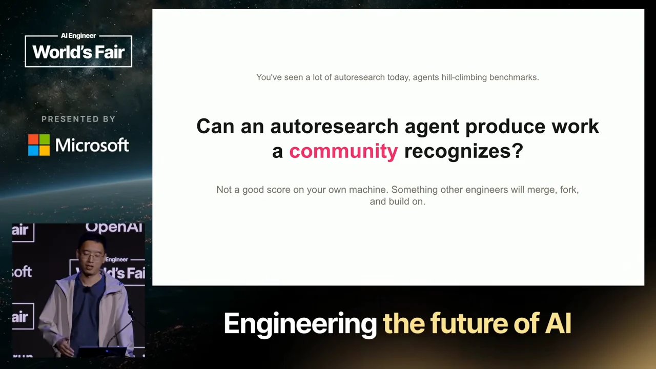 Slide asks whether an autoresearch agent can produce work a community recognizes, with supporting text about work other engineers will merge, fork, and build on.