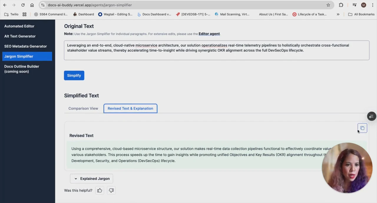 Jargon Simplifier displays original text above the selected “Revised Text & Explanation” tab, with revised text, a copy icon, and a collapsed “Explained Jargon” section.