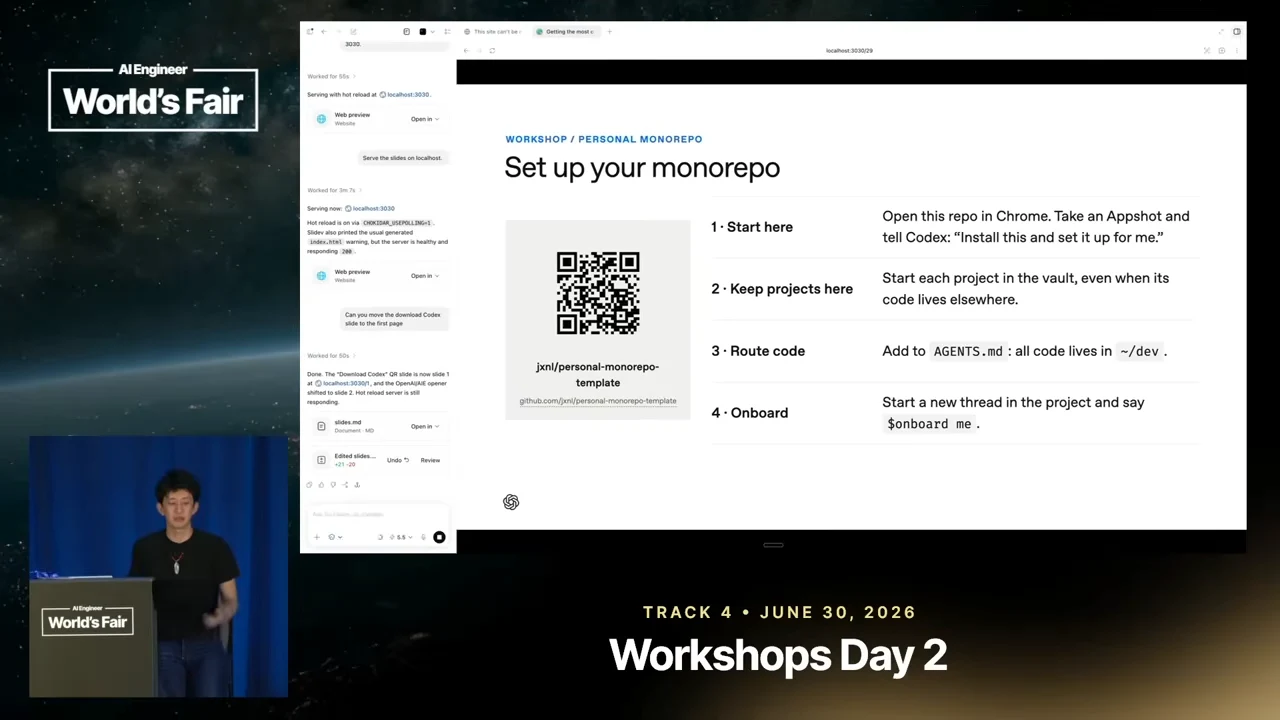 Setup slide with a template QR code and four steps: start here, keep projects here, route code, and onboard.
