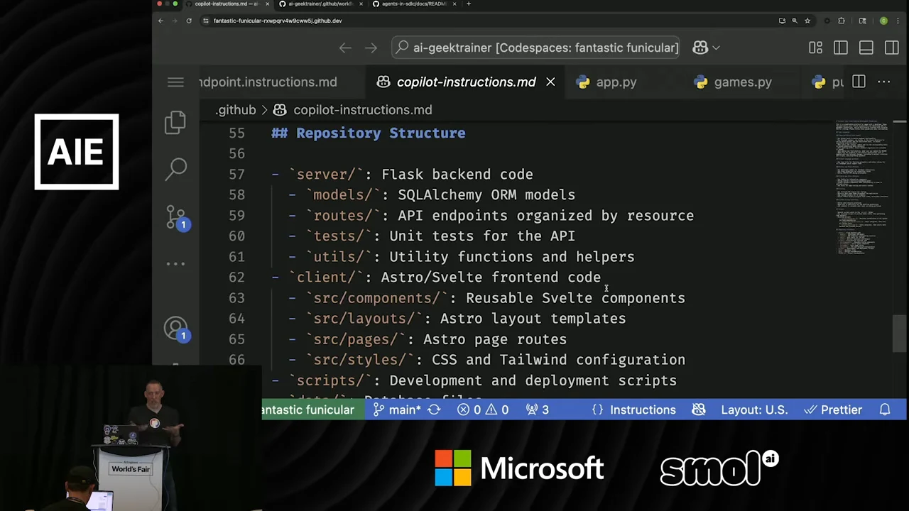 VS Code displays the Repository Structure section of copilot-instructions.md, listing server, client and scripts directories and their roles.