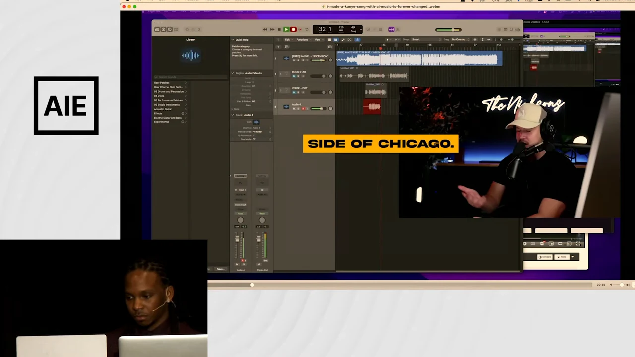 Audio workstation with waveform tracks and an inset of a man performing into a microphone.