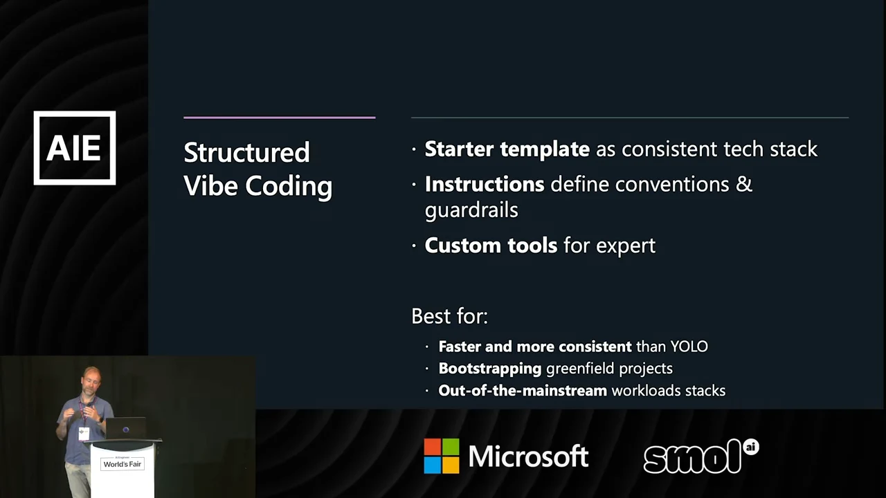 Structured Vibe Coding slide lists a consistent tech stack, conventions and guardrails, custom tools, and use cases including greenfield projects and out-of-the-mainstream workloads.