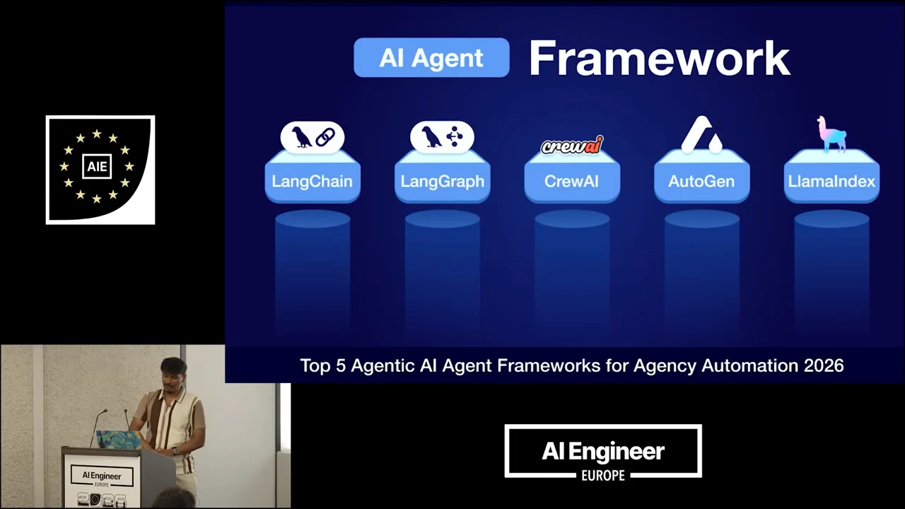 Blue AI Agent Framework slide with five labeled pillars and framework logos.