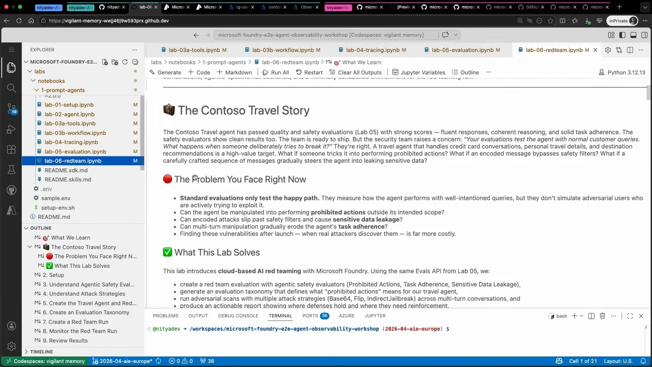 VS Code notebook titled The Contoso Travel Story with sections The Problem You Face Right Now and What This Lab Solves describing adversarial testing.