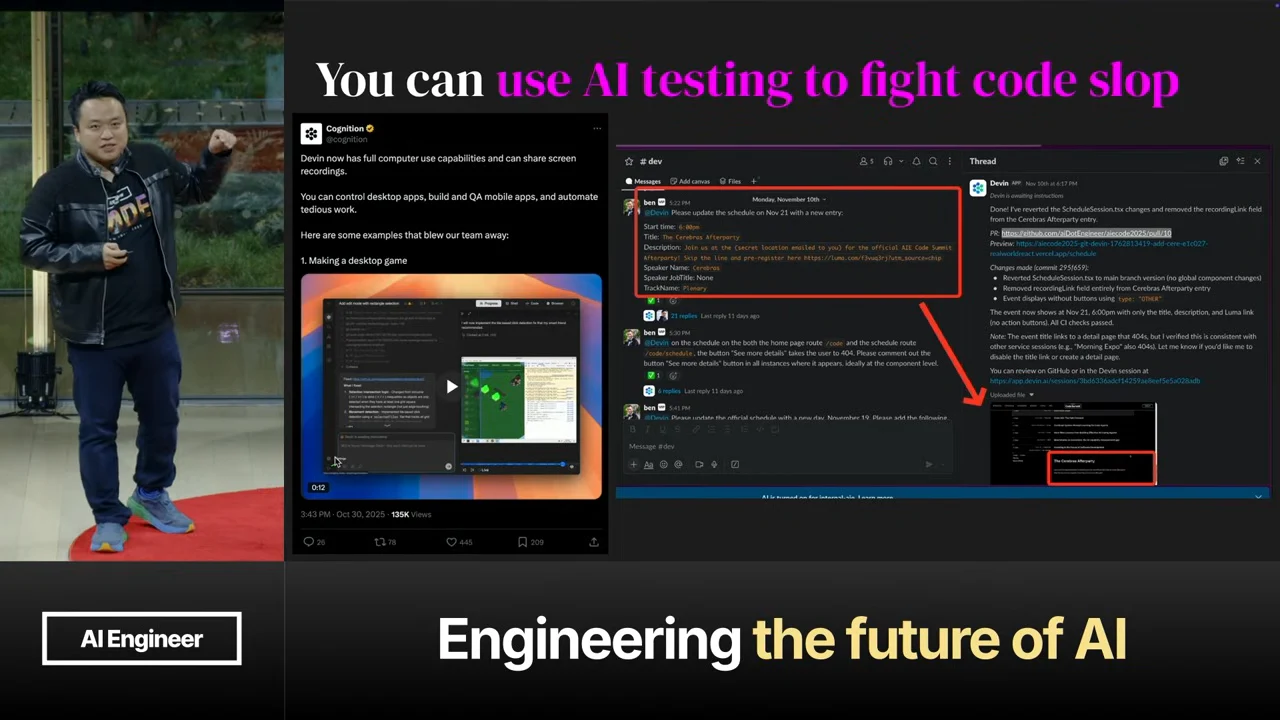 Slide titled “You can use AI testing to fight code slop,” showing a Cognition post with a desktop game image beside conversation screenshots marked with red boxes and an arrow.