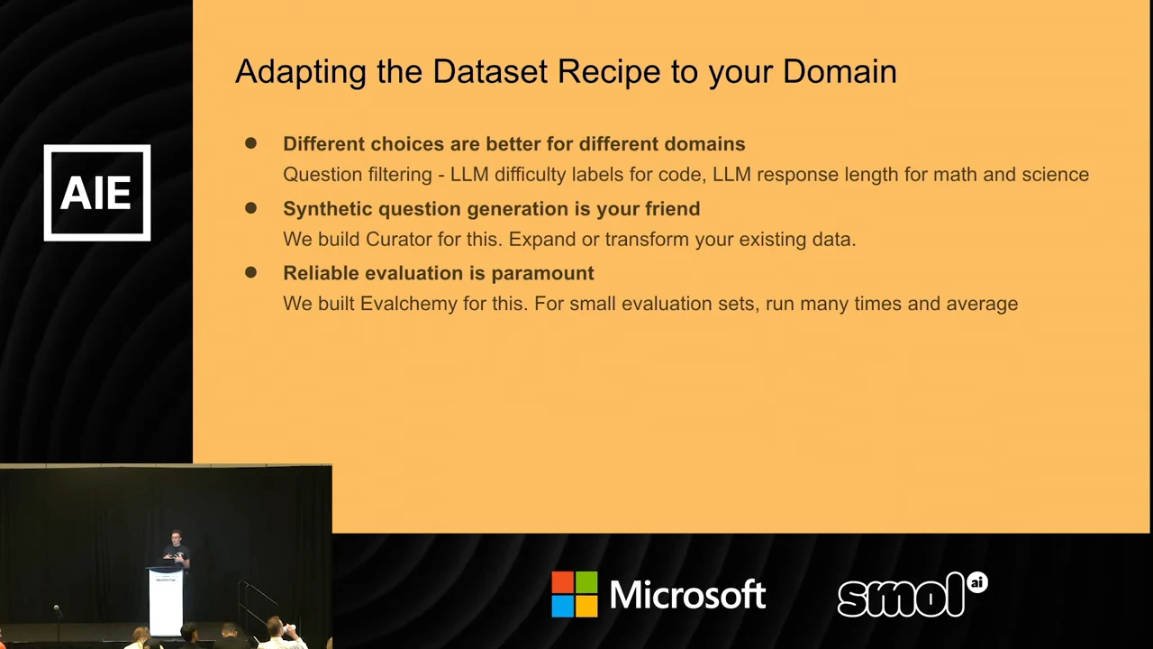 Slide titled “Adapting the Dataset Recipe to your Domain” lists filtering with LLM difficulty labels for code and response length for math and science, synthetic question generation with Curator, and evaluation with Evalchemy, including repeated runs and averaging for small evaluation sets.