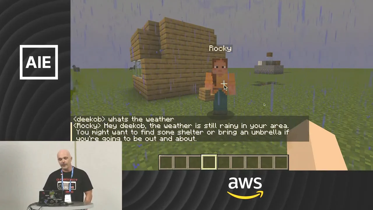 Rocky stands beside a wooden building in the rain. Chat asks about the weather, and Rocky replies that it is rainy and suggests shelter.
