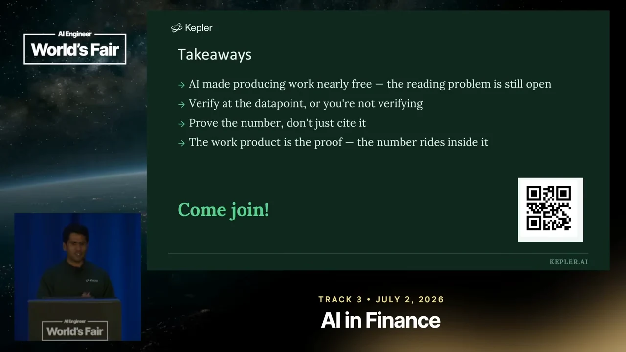 Takeaways slide lists four points about reading, datapoint verification, proving numbers and work product as proof, above a Come join invitation and QR code.