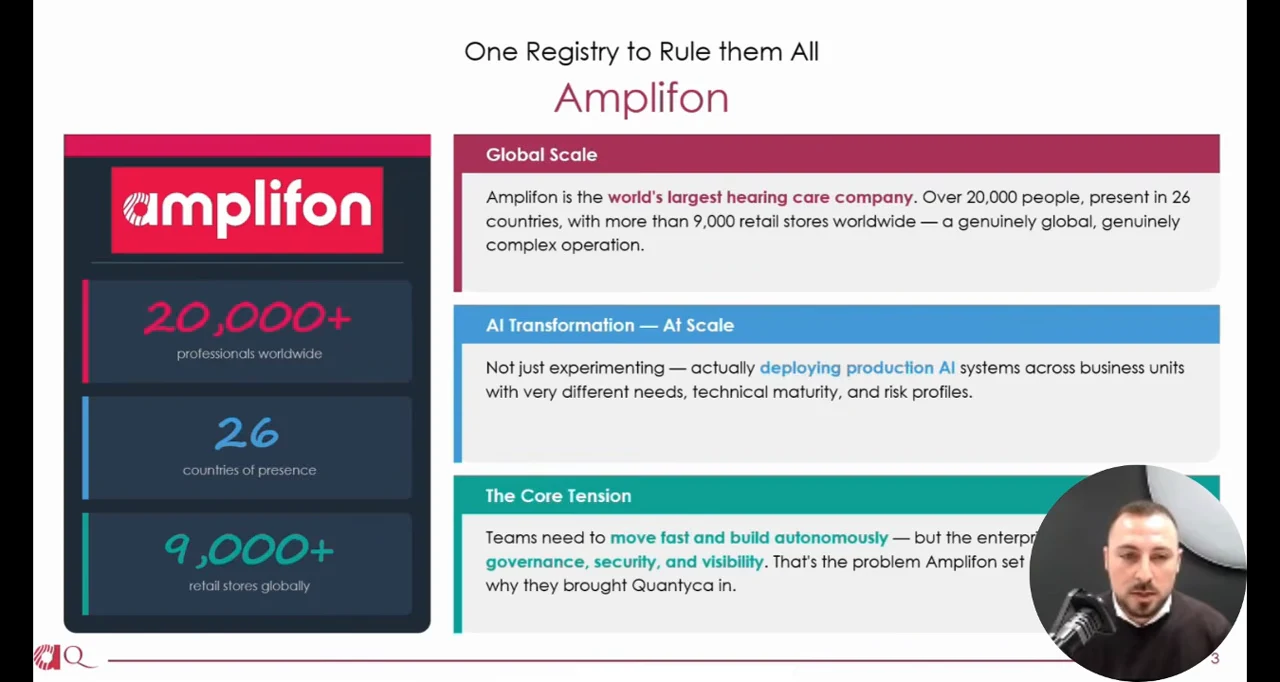 Amplifon slide with company scale figures and sections titled Global Scale, AI Transformation — At Scale, and The Core Tension. A presenter inset overlaps the lower-right text.