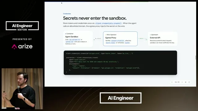 A destination-matched proxy injects real credentials outside the sandbox; the example uses a dummy token inside it.