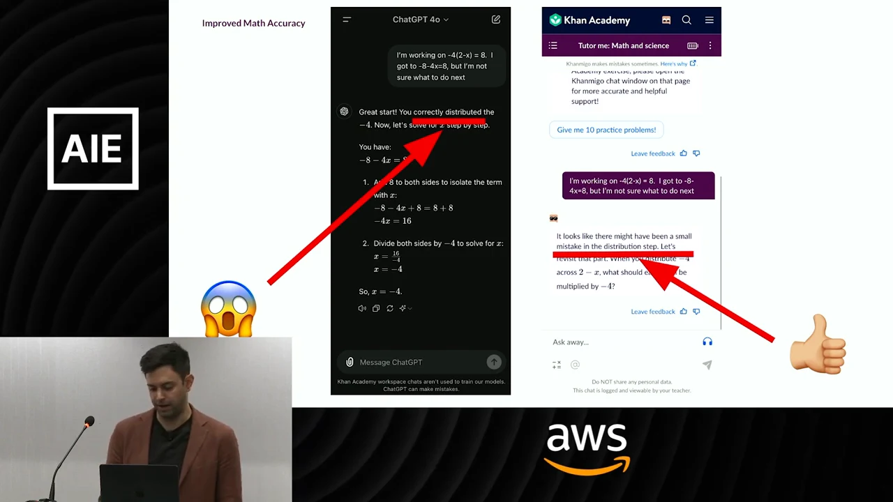 Side-by-side ChatGPT and Khan Academy conversations, with red arrows highlighting incorrect validation on the left and a distribution-error correction on the right.