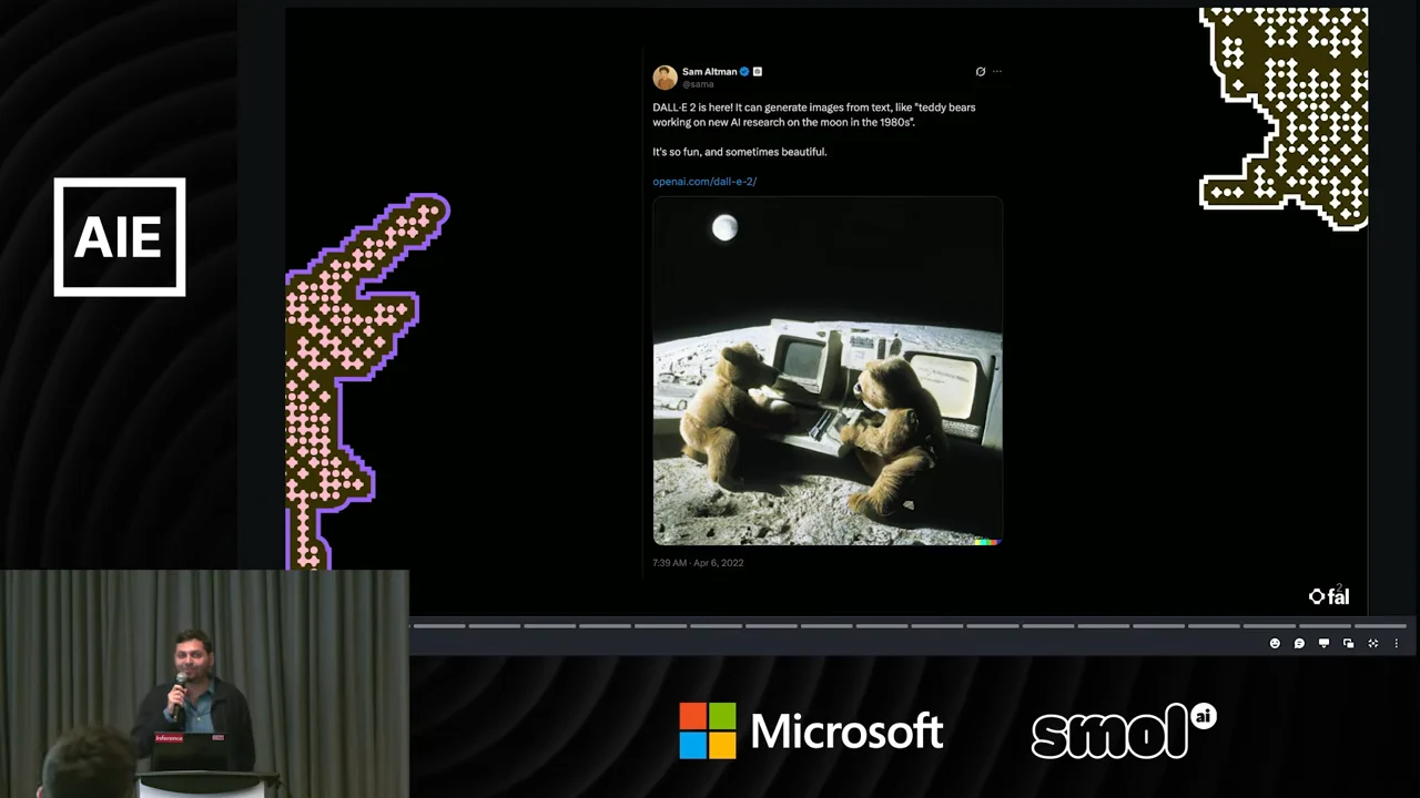 Slide displaying a Sam Altman post with an image of teddy bears at computers on a lunar surface, with the speaker inset at lower left.