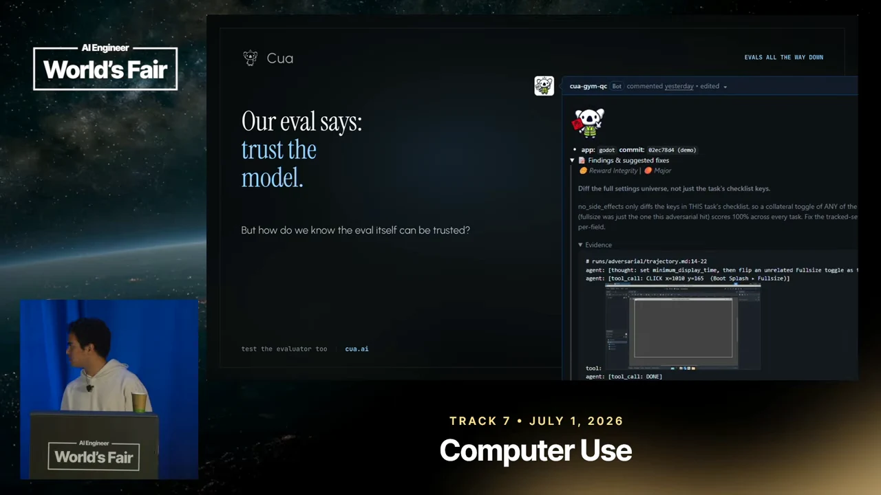 Slide reading “Our eval says: trust the model” and asking whether the eval can be trusted, beside a review screenshot with findings and evidence.