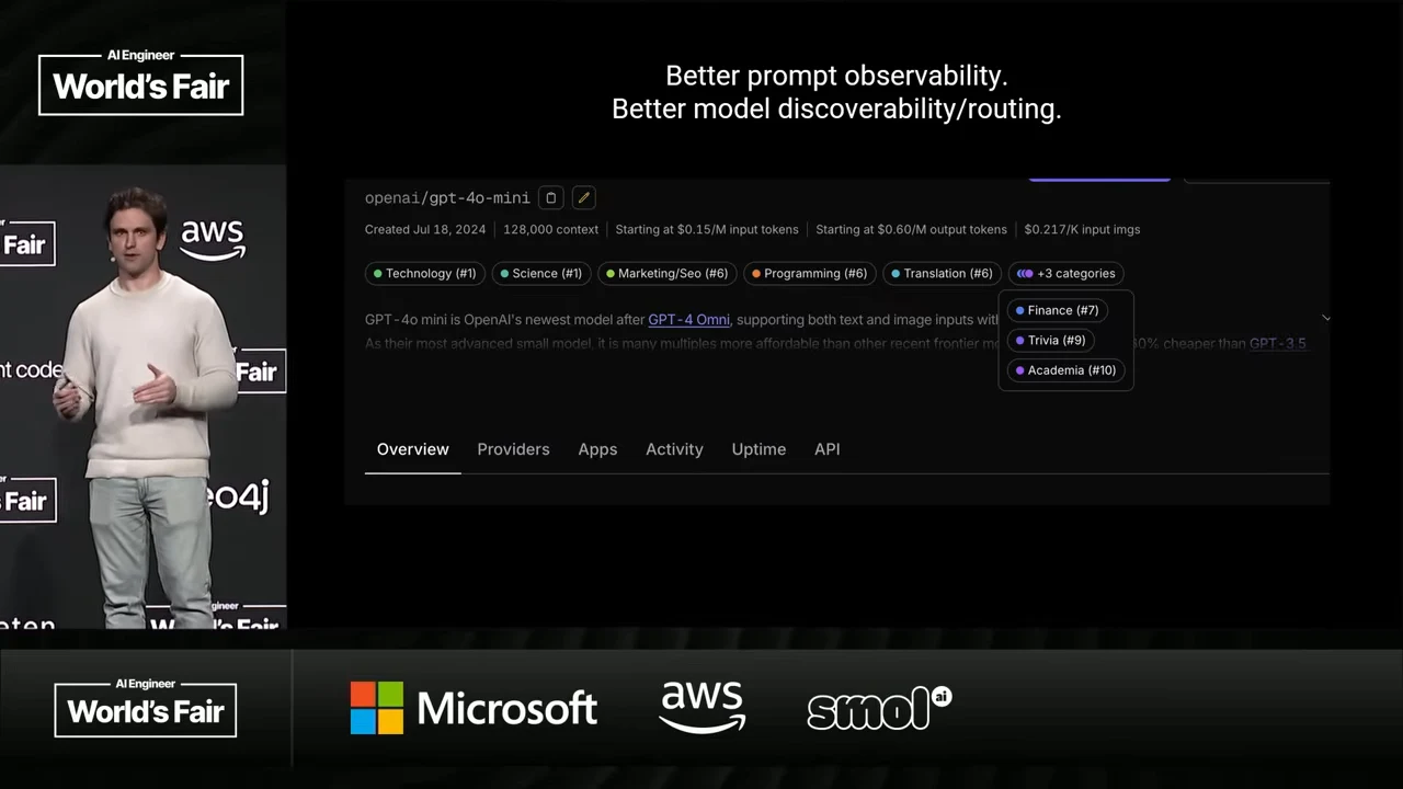 Slide reading “Better prompt observability. Better model discoverability/routing.” above an OpenRouter model page with category tags and navigation tabs.