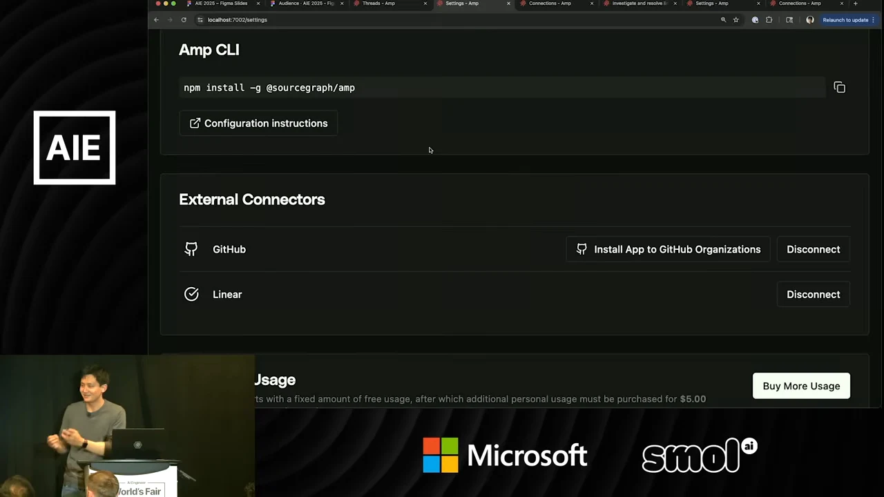 Amp settings page showing GitHub and Linear rows with their respective icons and Disconnect buttons.