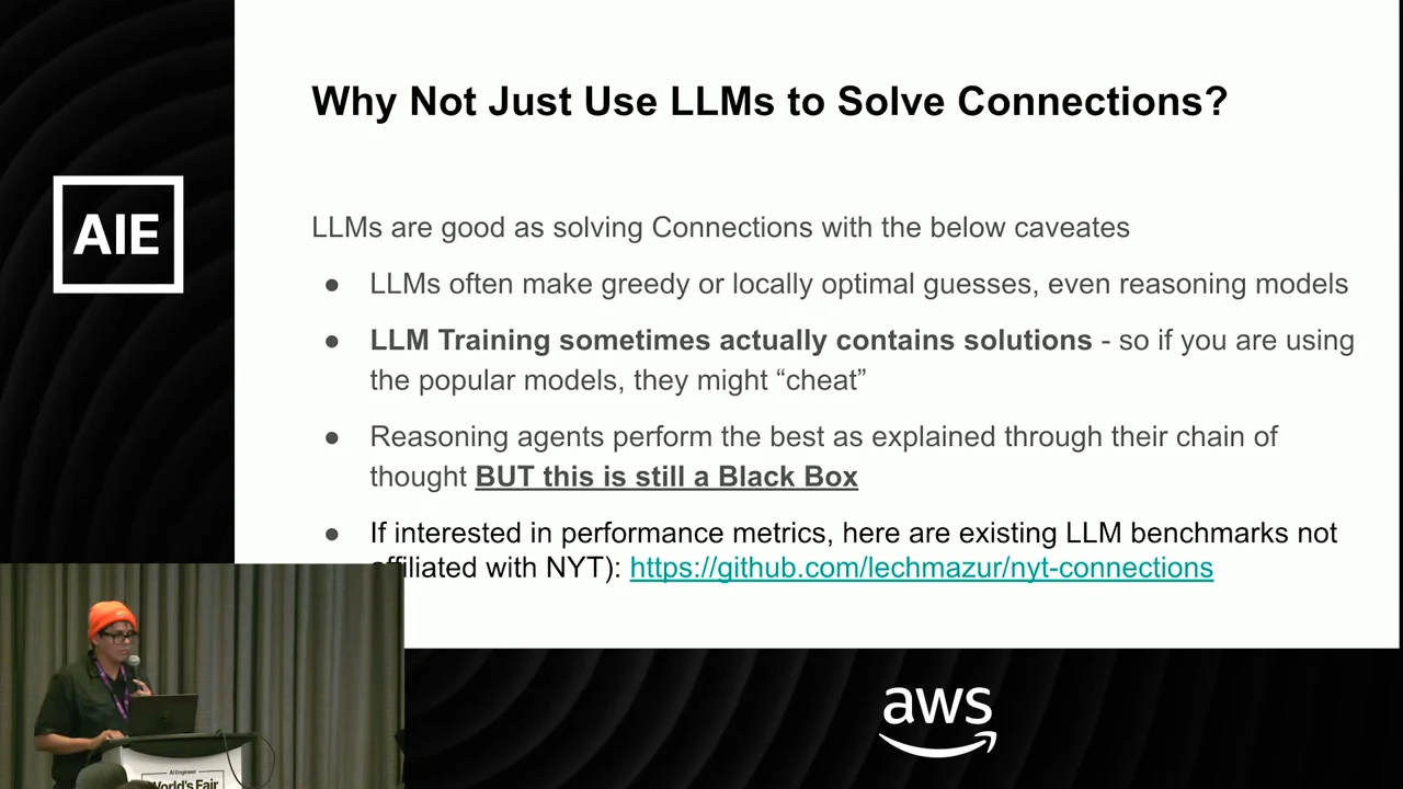 Slide lists locally optimal guesses, potential training-data solutions, black-box reasoning, and a link to an existing Connections benchmark.