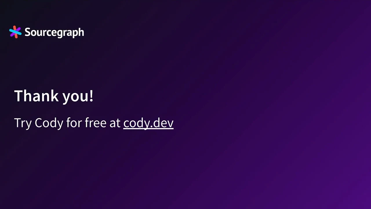 Purple Sourcegraph slide reading “Thank you!” and “Try Cody for free at cody.dev.”