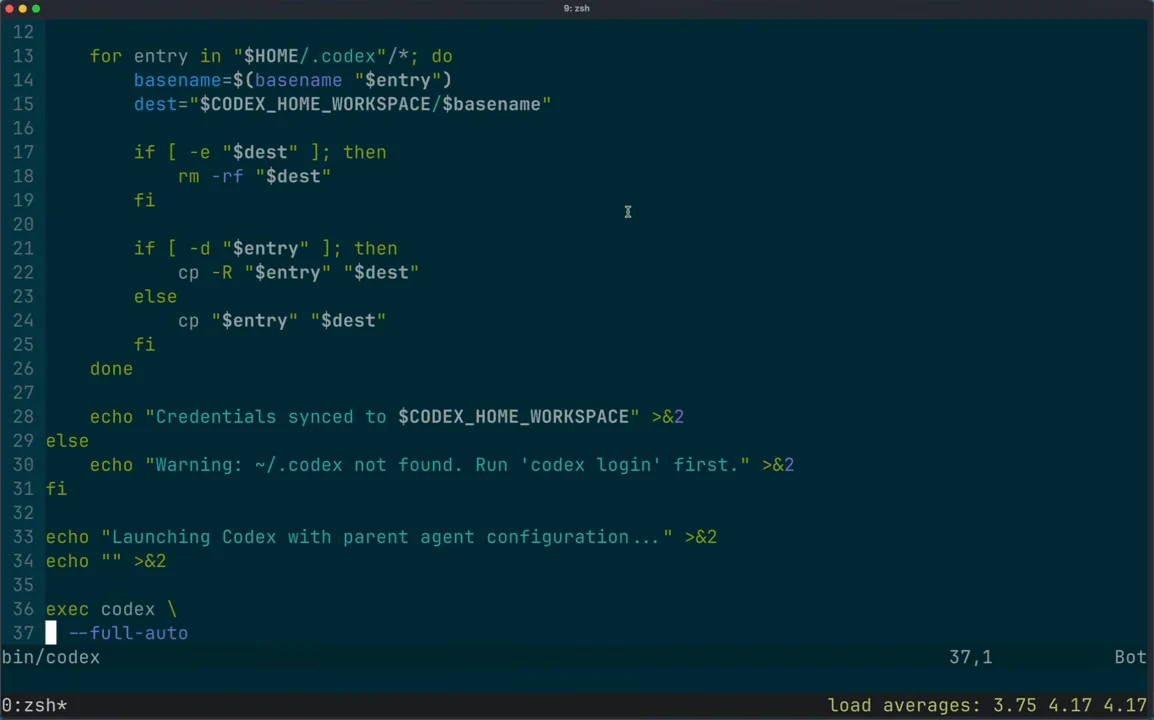 Terminal editor shows a loop copying files and directories, credential-sync status messages, and the final exec codex command with --full-auto.