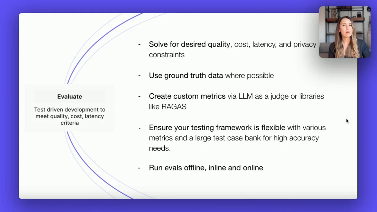 Evaluation slide listing constraints, ground-truth data, custom metrics, a flexible test bank and offline, inline and online evaluations.