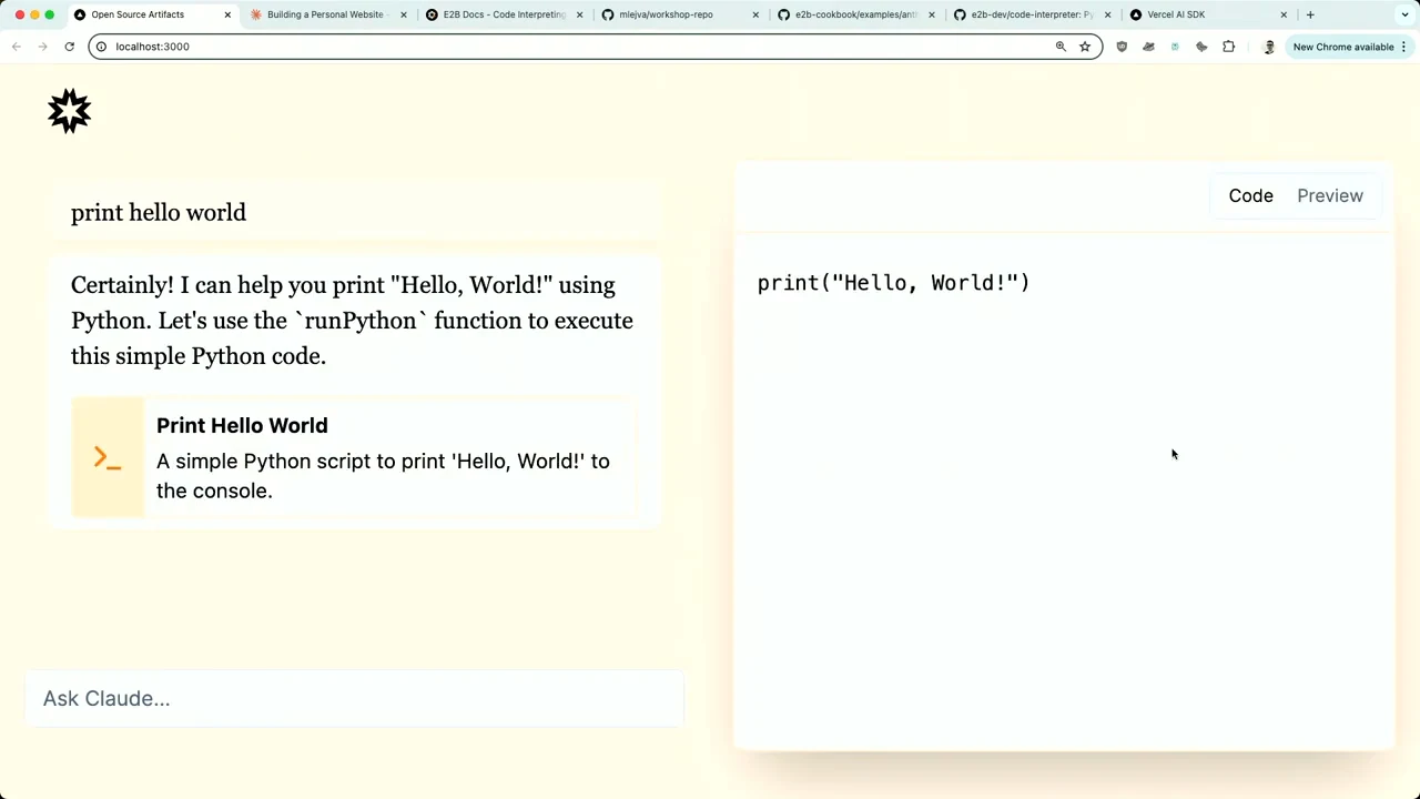 Chat response with a Print Hello World card beside a panel with Code and Preview tabs displaying print("Hello, World!").