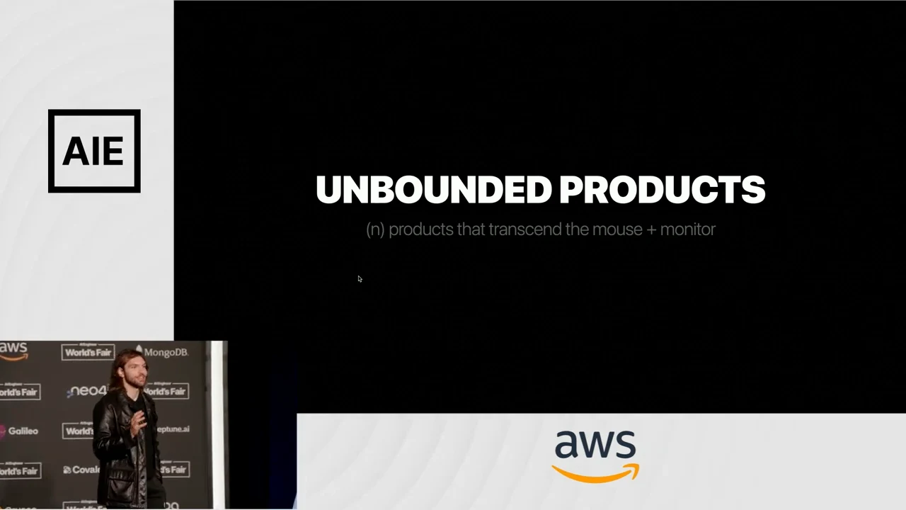 Black slide titled “UNBOUNDED PRODUCTS,” with the definition “products that transcend the mouse + monitor.”