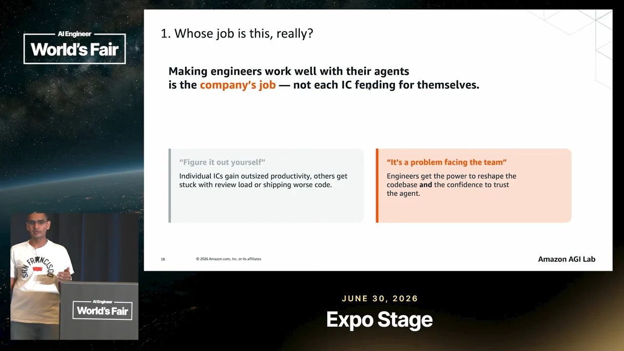 Slide titled “Whose job is this, really?” contrasts “Figure it out yourself” with “It’s a problem facing the team,” describing review burden and the power to reshape the codebase.