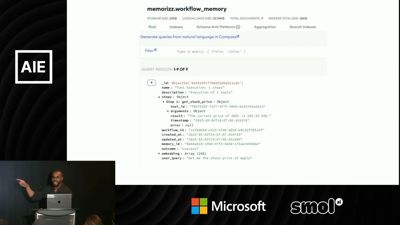 Database view titled memorizz.workflow_memory showing an expanded document with a tool execution step, arguments, result, timestamps, and outcome.