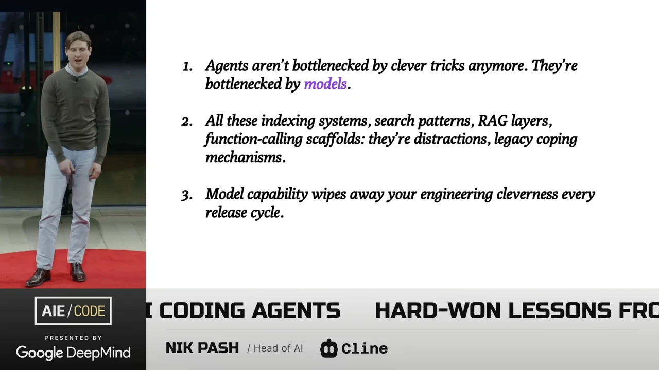Nik Pash beside a slide arguing that models bottleneck agents, scaffolding is a legacy coping mechanism, and model releases erase engineering advantages.