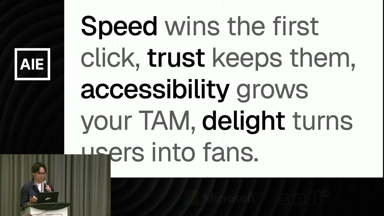 Slide states that speed wins the first click, trust keeps users, accessibility grows TAM, and delight turns users into fans. A speaker inset overlaps the lower-left text.