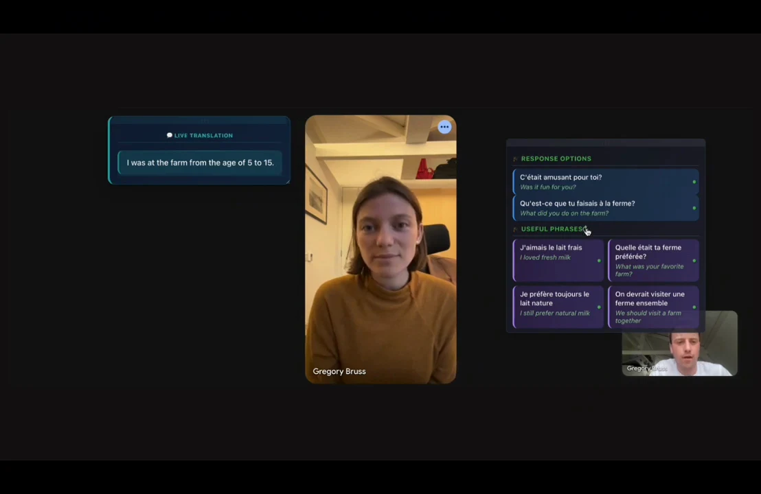 Video call with a live translation panel on the left and French response options and useful phrases with English translations on the right.