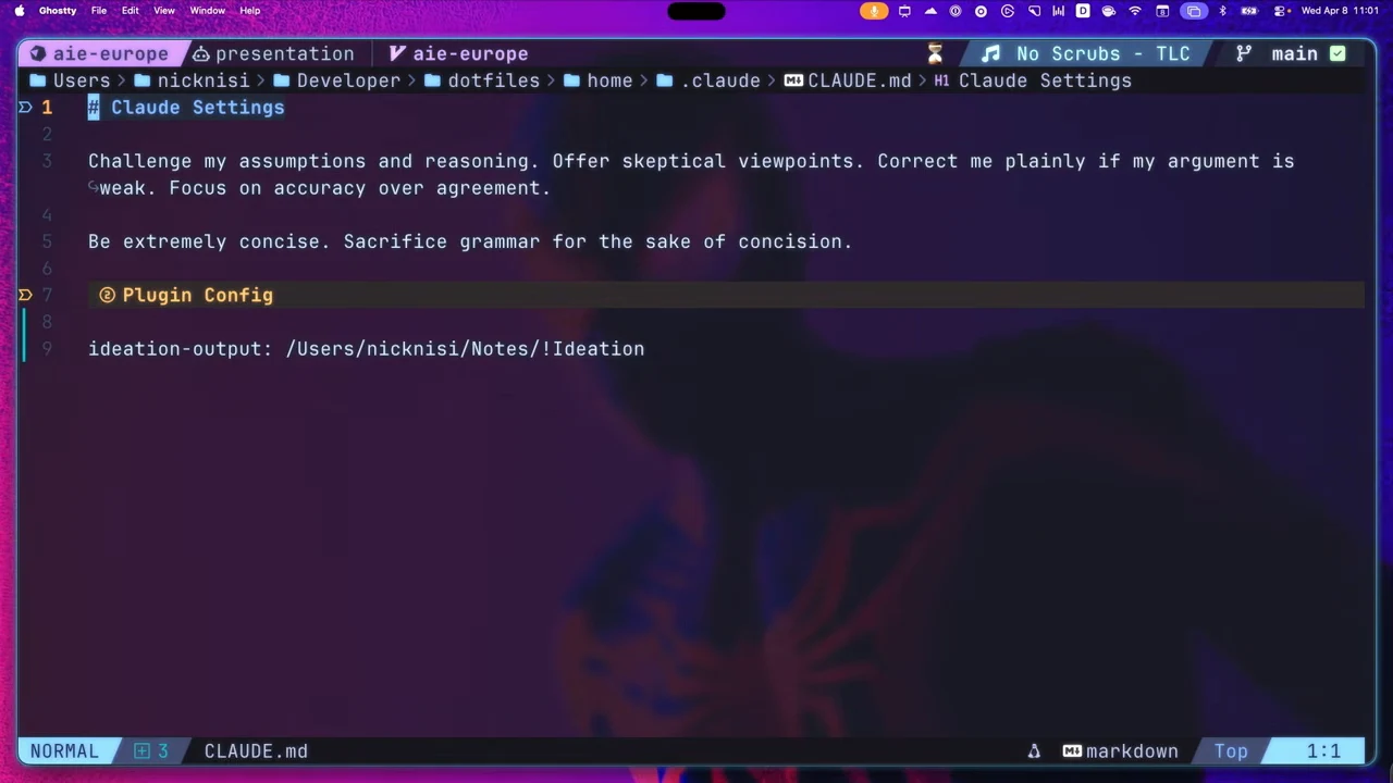 Editor displaying CLAUDE.md with instructions to challenge assumptions, be concise, and an ideation output directory under Plugin Config.