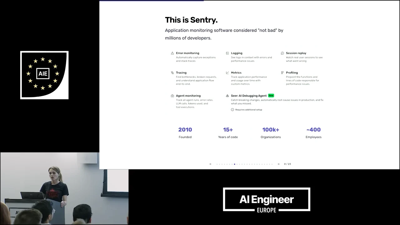 “This is Sentry” slide listing monitoring capabilities, with figures for founding year, years of code, organizations and employees.