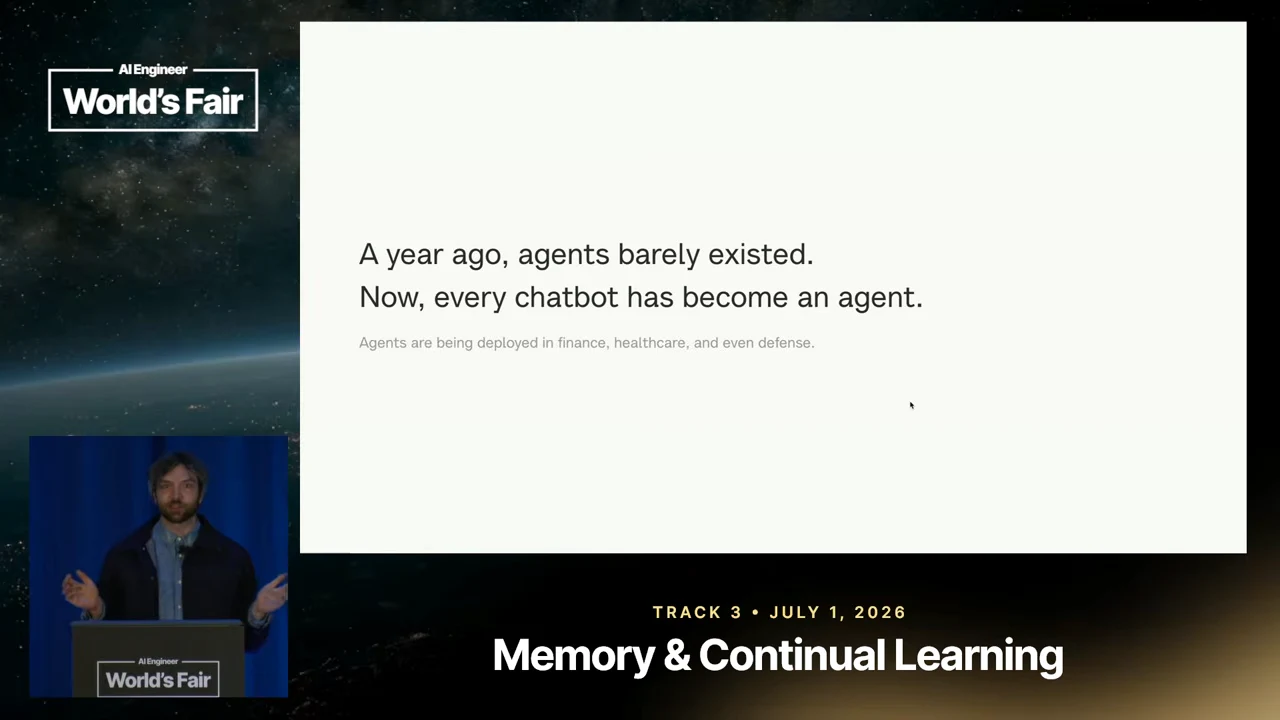 Slide contrasting agents a year ago with chatbots becoming agents, with a smaller line mentioning finance, healthcare, and defense.