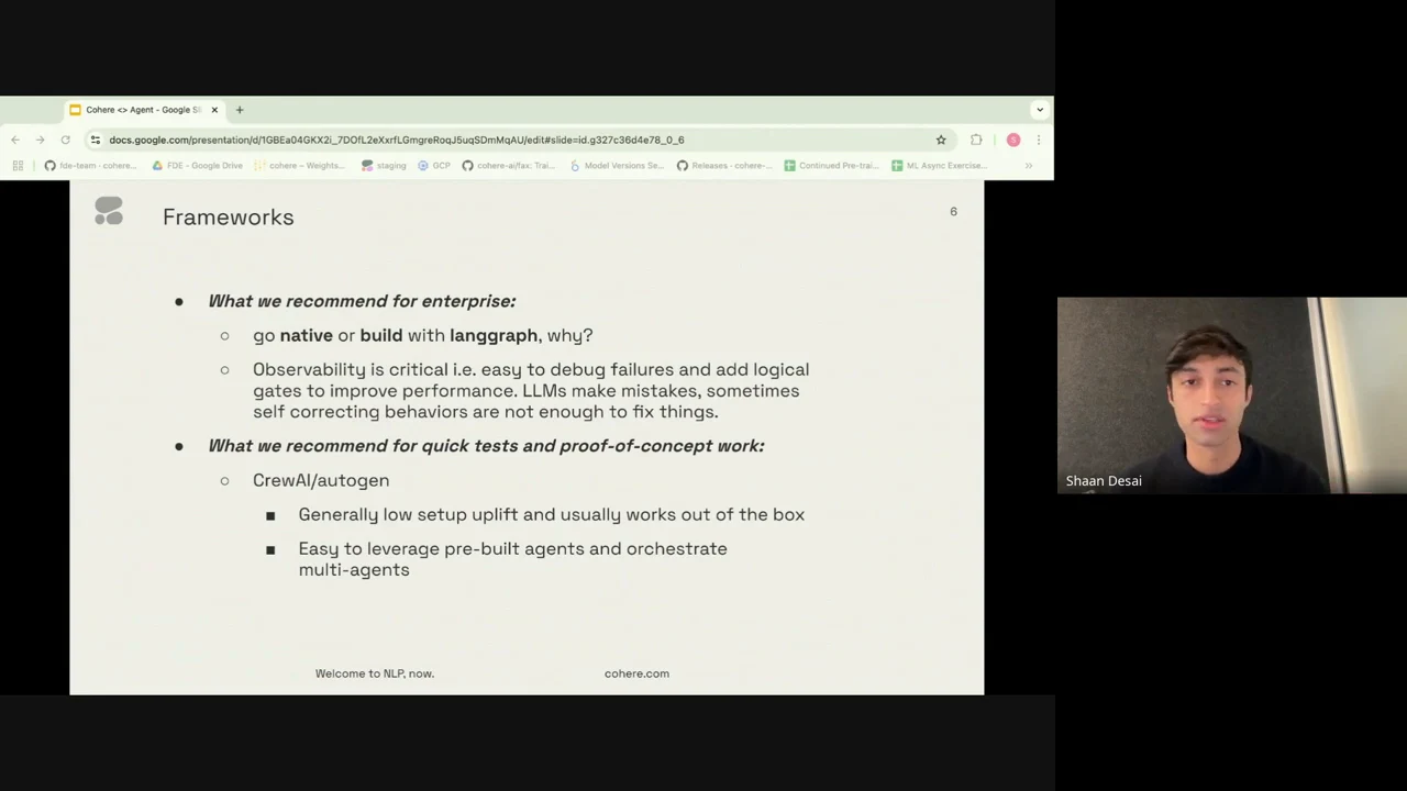 Frameworks slide recommending native development or LangGraph for enterprise work, and CrewAI or AutoGen for quick tests, with supporting bullets.