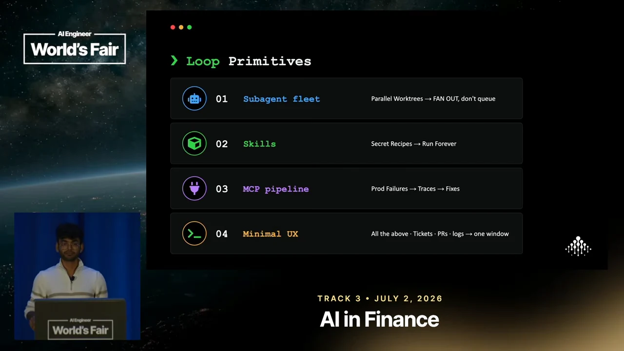 Loop Primitives slide with four colored rows for Subagent fleet, Skills, MCP pipeline and Minimal UX.