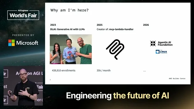 Selected presentation frame from Harness Engineering: Building the Production Cage for Powerful Domain Agents — Mike Chambers, AWS at 99 seconds