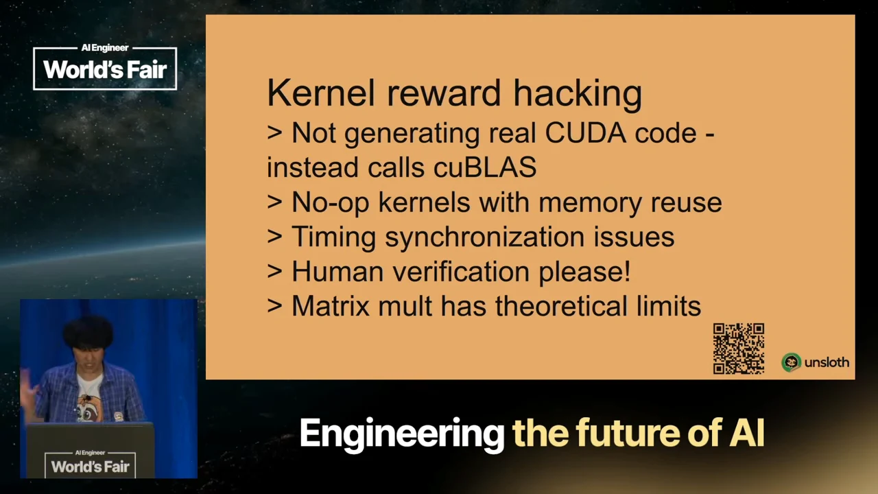 Checklist naming cuBLAS calls, no-op kernels with memory reuse, timing synchronization issues, human verification and theoretical matrix-multiplication limits.