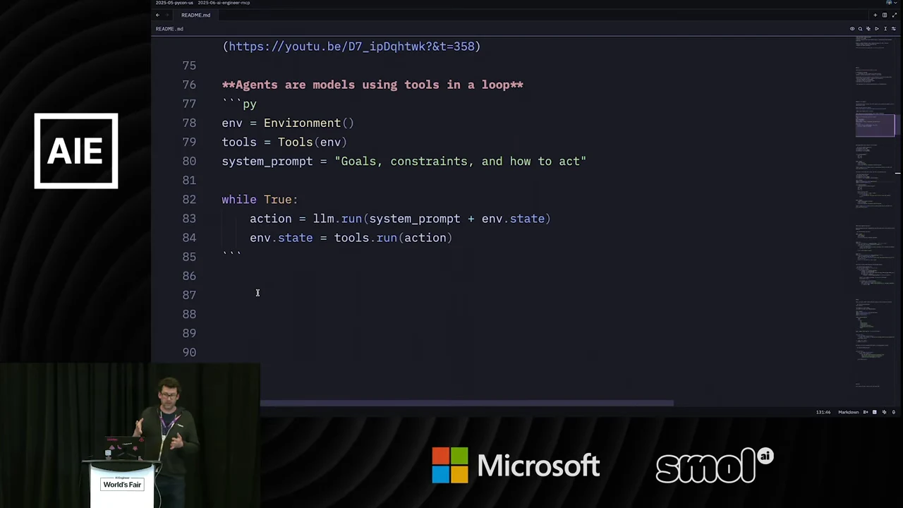 Code defining an environment, tools, and system prompt, followed by a while True loop that calls the model and updates environment state.