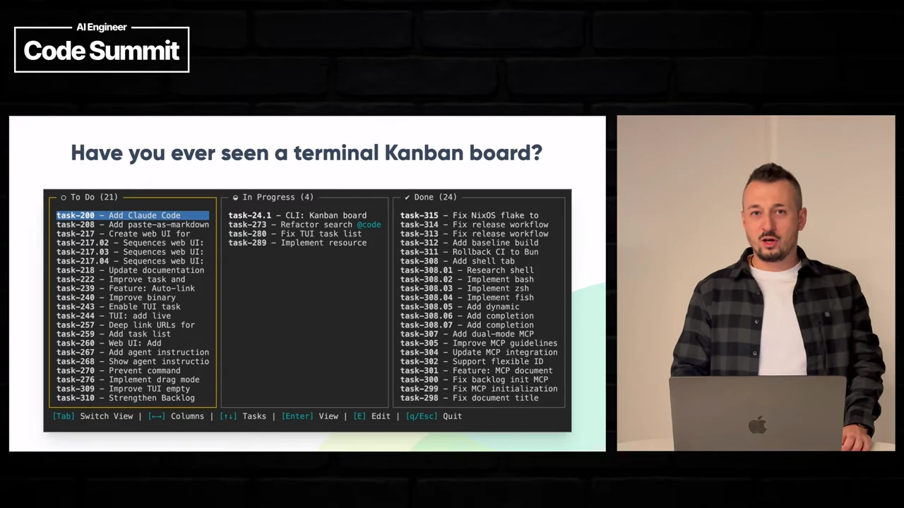 A terminal board with To Do, In Progress, and Done columns beside the presenter.